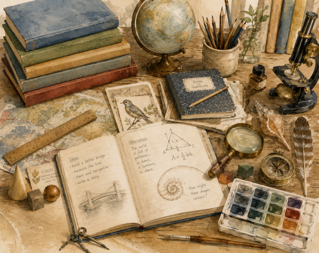 Various learning tools such as books, globe, ruler, pencils, notebooks, geometric 3D shapes, paints, magnifying glass, etc.