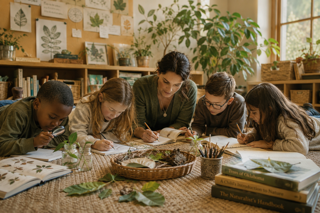 Small group of children with their teacher, exploring nature in journals with their teacher in a warm and cozy classroom space.