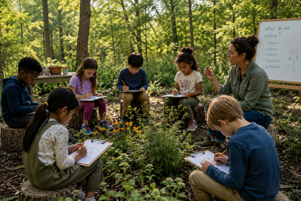 Small class of children in an outdoor classroom guided by their teacher in an engaged nature observation.
